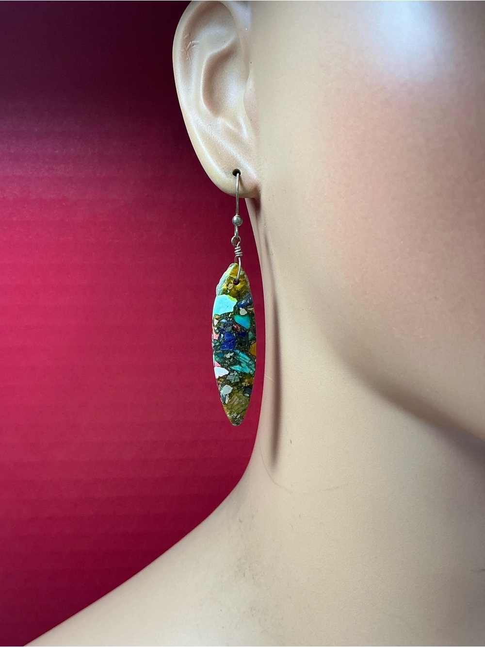 Sterling Silver Wire Vibrant Sea Sediment Jasper Dangle Earrings. 2.5”